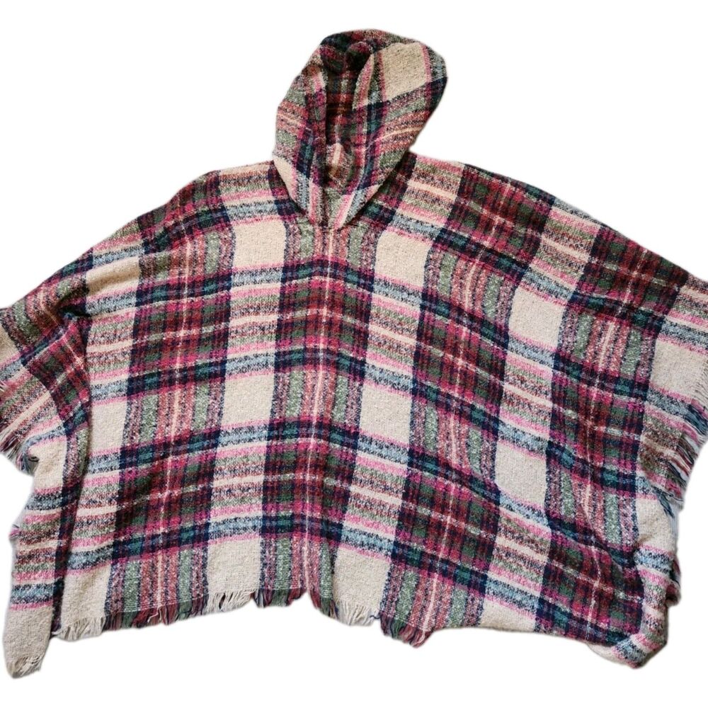 Riah Fashion Plaid Knit Hooded Poncho Multicolor Tassel Hem Lightweight OS EUC